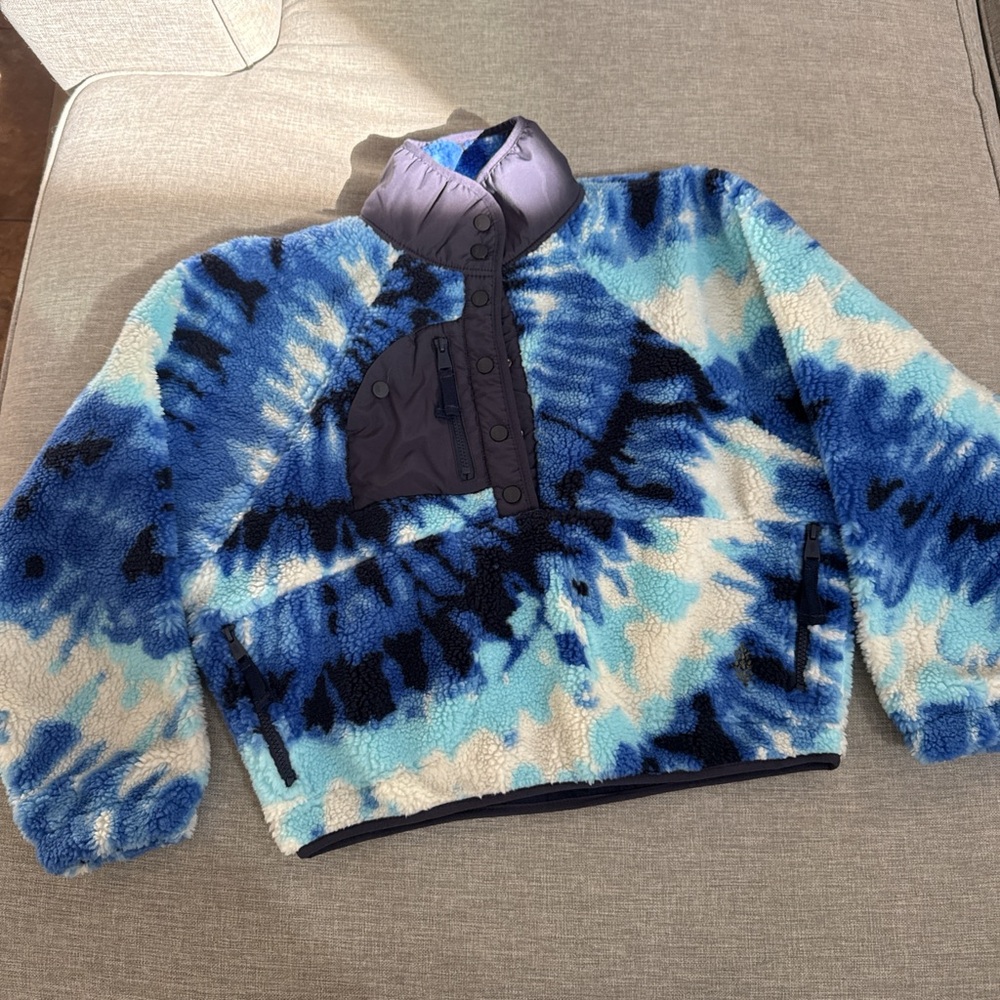 NEW FP Movement by Free People Blue Tie-Dye Teddy Jacket Fleece Pullover XS